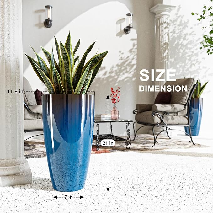 QCQHDU 21 inch Tall Planters for Outdoor & Indoor Plants, Set of 2 Large Outdoor Planters with Drainage Hole for Front Porch, Patio, Garden, Home Decor, Blue