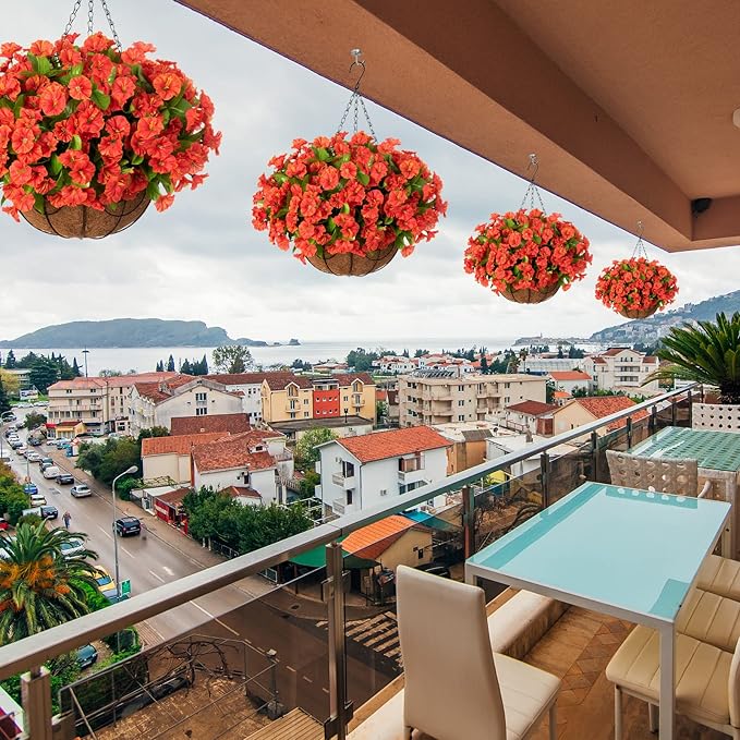 Ammyoo Artificial Hanging Flower Plants with Basket for Summer Autumn Outdoor Decoration, Faux Petunias Flowers Fake Morning Glories Planter for Outside Patio Garden Porch Balcony Yard Decor(Orange)
