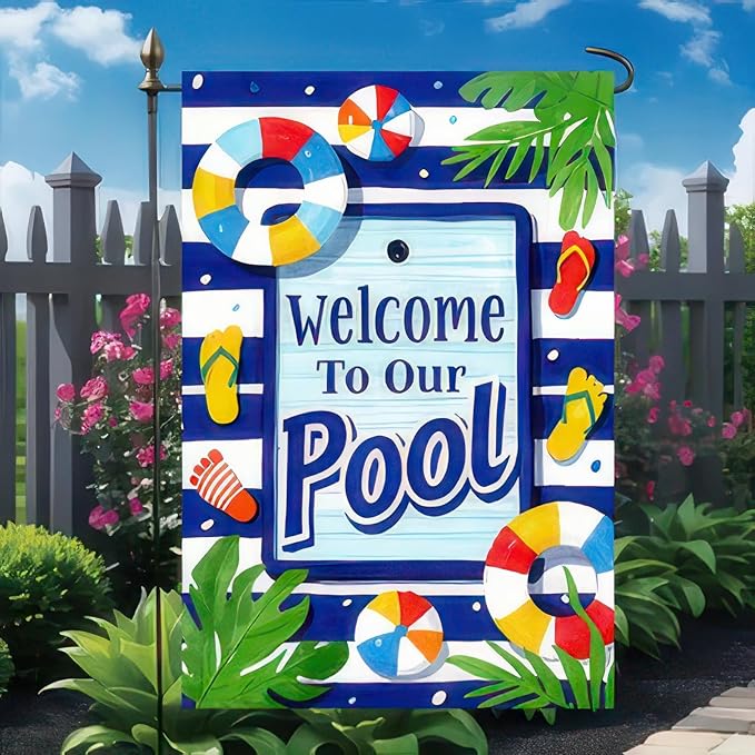 Welcome To Our Pool Garden Flag12x18 Inch Double Sided Summer Beach Bar Pub Porch Patio Deck Backyard Poolside Decor Outside Holiday Party Seasonal Farmhouse Banner Outdoor Decor