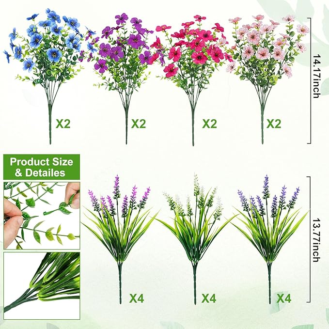Besteek 20 Bundles Artificial Flowers for Outdoors Decoration Fake Silk Flowers UV Resistant Faux Plants Artificial Daisy Eucalyptus for Spring Summer Garden Yard Porch Window Home Decor, Mixed