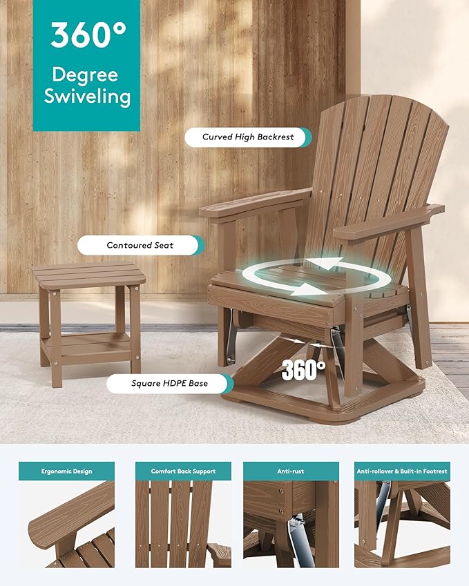 SERWALL Adirondack Swivel Glider Chair, HDPE Glider Set of 4 for Outdoor, All-Weather Glider Chair for Porch, Balcony, Wood Brown