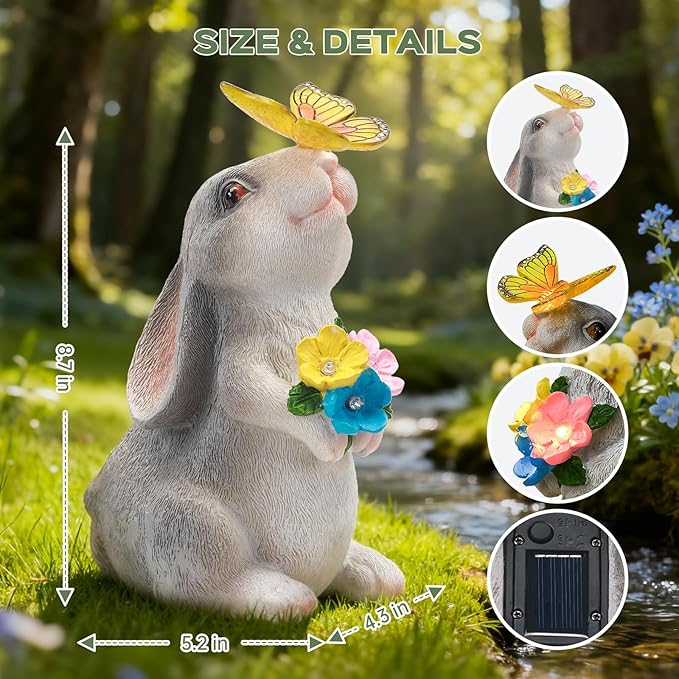 Solar Garden Statue Outdoor Decor, Rabbit Figurine with Butterfly LED Lights, Bunny Statue for Garden, Yard Decor, Lawn Ornament, Housewarming Birthday Gift for Women Mom Grandma