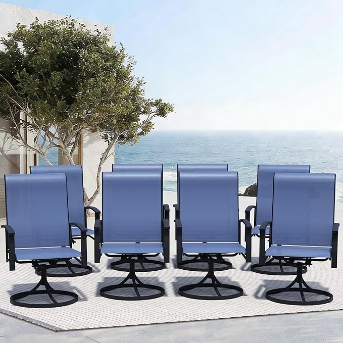 Outdoor Swivel Dining Chair Set of 8, All Weather Patio Dining Chair with Textilene High Back and Metal Frame for Backyard, Lawn Garde and Deck, Blue