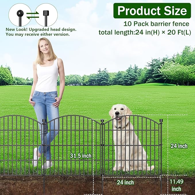 10 Panels No Dig Decorative Garden Fence Animal Barrier - 24 in (H) x 20 ft (L) - Dog Fence Outdoor for Yard, Rabbits and Small Pets - Tall Rustproof Metal Wire Fencing Border for Garden and Patio