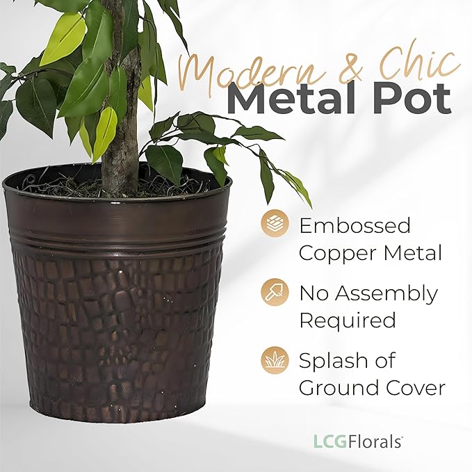 LCG Florals 6ft Artificial Ficus Tree in Copper Metal Pot with Real-Wood Trunk - Indoor and Outdoor Faux Plants for Patio, Living Rooms, Offices & Outdoor Spaces