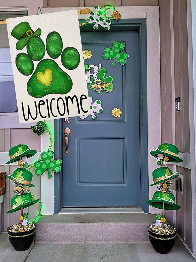 Welcome St Patricks Day House Flags for Outdoor Decoration, Dog Paw with Green Hat Lucky Shamrocks Large Yard Flag, Decorative Irish Celebration Decor for Seasonal Farmhouse Holiday Outside