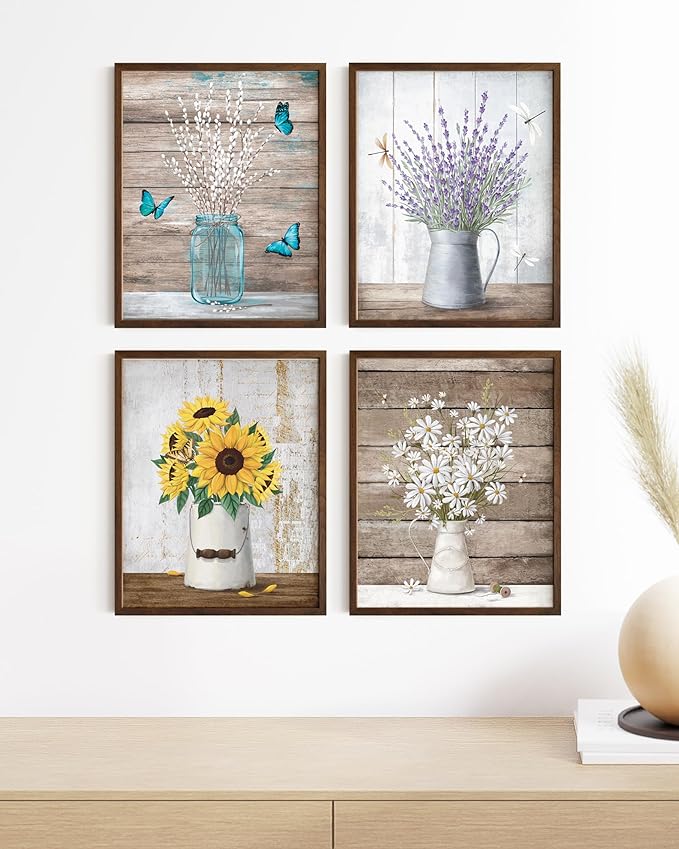 HAUS AND HUES Flower Wall Decor - Set of 4 Framed Floral Prints, Botanical Wall Art for Bedroom, Flower Paintings and Pictures, Elegant Floral Decor (Walnut Frame, 16x20)