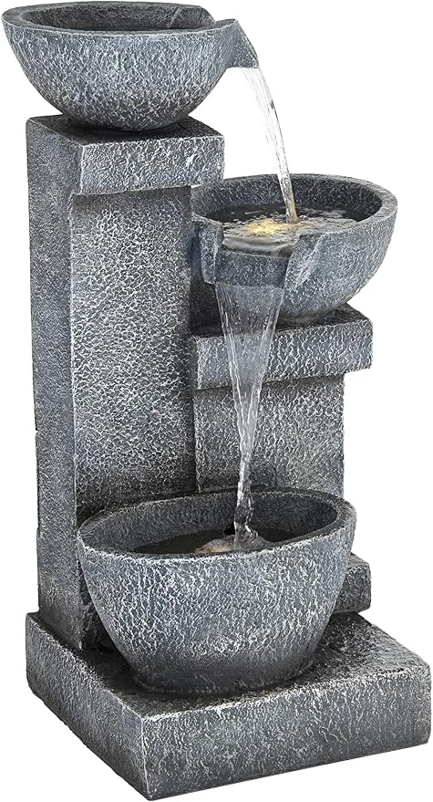 Three Bowls 32 1/4" High Large Modern Indoor Outdoor Decor Gray Faux Stone Floor Fountain with Light LED Waterfall Cascading Water Feature for Outside Garden Patio Yard Backyard - John Timberland