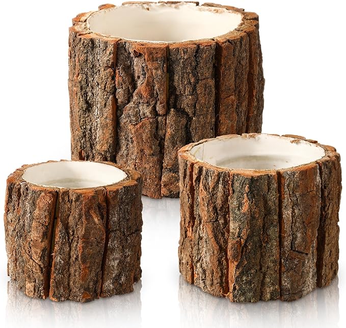 3 Pcs Wooden Vase for Centerpieces Woodland Table Decor Wooden Flower Vase Rustic Bark Stump Buckets Vintage Wood Planter Pots for Garden Party Wedding Window Home Farmhouse (L+m+s)