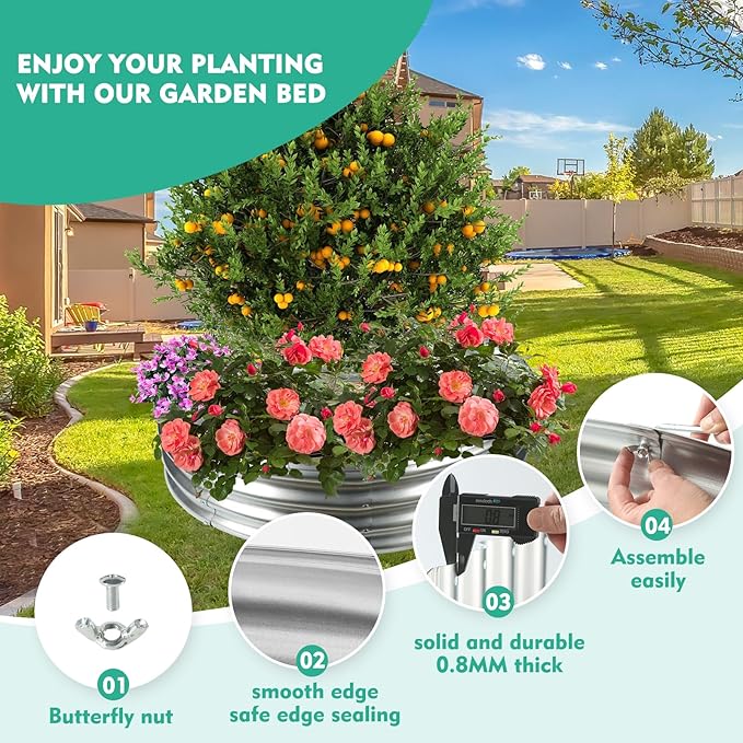 3FT Diameter Galvanized Garden Raised Bed/Plant Box/Fire Pit Ring-0.8mm Thick,12 Inch Tall,Crimped Edge and Corner,No Sharpe,Perfect for Plantings (Silver, 36 Dia X 11.5 inches)
