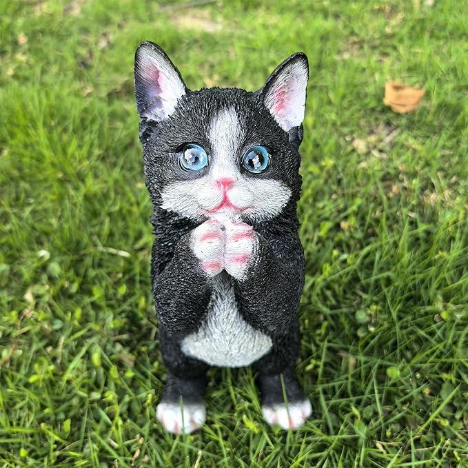 Playful Cat Statue Kitten Sculpture for Garden,Black & White Cat Figurine Decorative for Patio,Cute Outdoor Fairy Flower Bed Lawn Yard Ornament