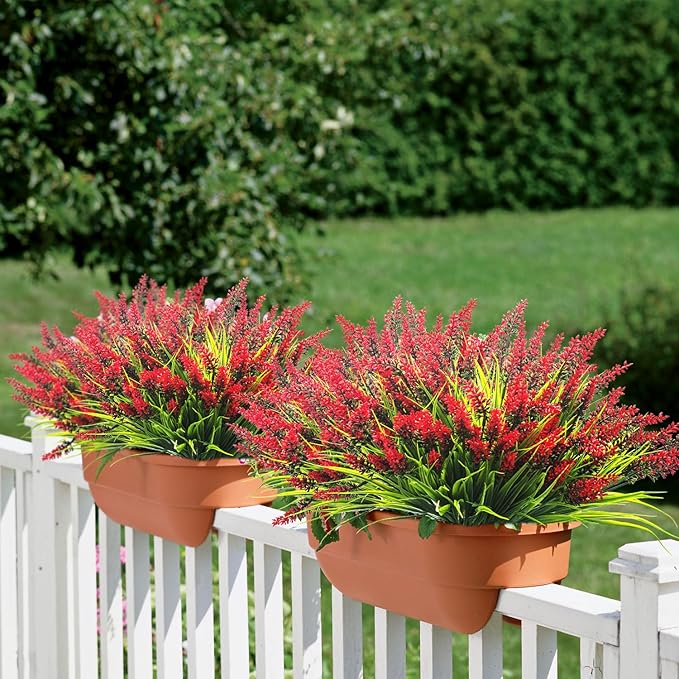 Grunyia 20 Bundles Artificial Plants Outdoor Fake Monkey Grass with Flowers (Red)