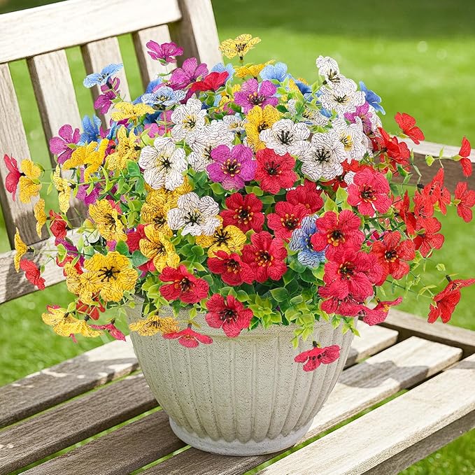 Artificial Flowers Outdoors Faux Plants UV Resistant 6 Bundles Plastic Flowers Outdoors Fake Greenery Outside Silk Flowers Home Decorations for Garden Yard Porch Planters, 6 Bundles (Multicolor)