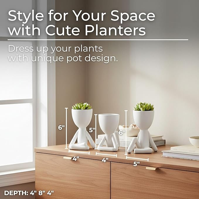Ceramic Figurine Planter Set – Room Decor and Small Planter Use, Shelf, Desk, or Tabletop Placement – Modern Art-Inspired Sculptures for Garden & Home Decor – 6" & 5" & 6", White