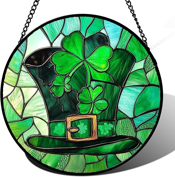 QZQCBLC Stained Glass Window Hanging Green Lucky Clover Hat 7.8" - Suncatcher Door Garden Sun Catcher Ireland Decor Birthday Mother's St. Ripack's Day Gift for Woman Mom Men Friend Nana Wife