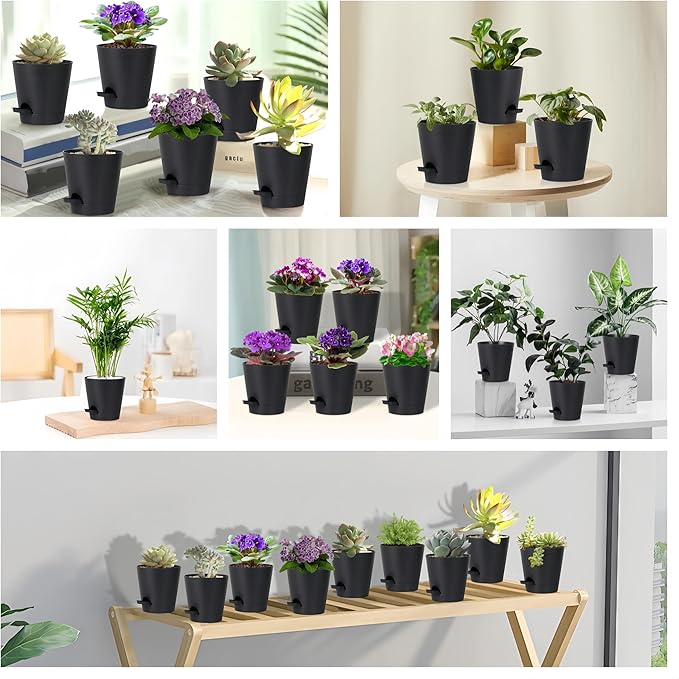 zople 5 Pack 5 inch Self-Watering Pots, African Violets Planter with Drainage Holes and Reservoir, Black Plastic Planter for Indoor Outdoor Plants Flowers and Houseplants Black, 5 inch 5 pcs