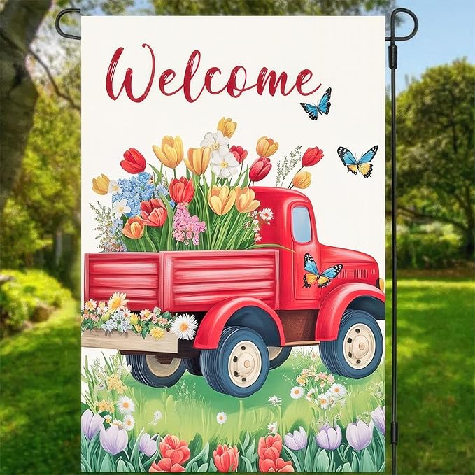 Outdoor Garden Flag Double Sided Garden Flag Welcome Red Truck Flag Spring Flowers and Butterflies Design 12x18 Inch Polyester Yard Decoration for Outdoor Lawn and Patio