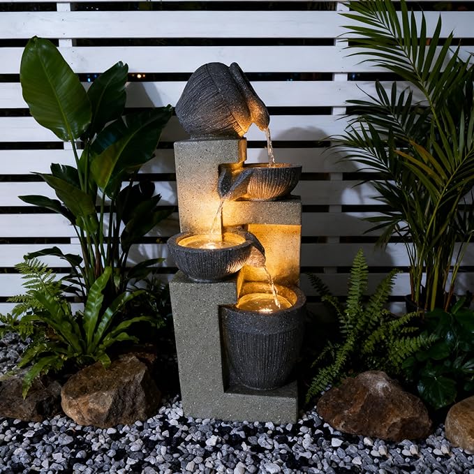 Outdoor Water Fountain with Lights, 20.08” Tall Resin Tiered Waterfall Fountain, Garden Decor for Patio, Yard, Deck & Indoor Relaxation(Gray)