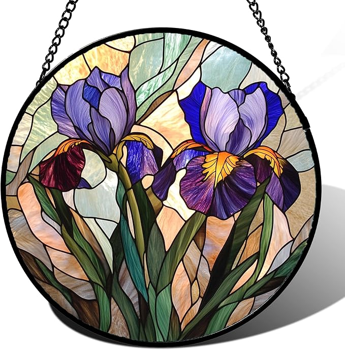 HWRHTR Stained Glass Window Hanging, Purple Blue Iris Birth Flower Suncatcher for Doors Garden Yard Sun Catchers Decor Christmas Mother's Day Birthday Gifts for Teacher Women Mom Nana Wife 7.8 in