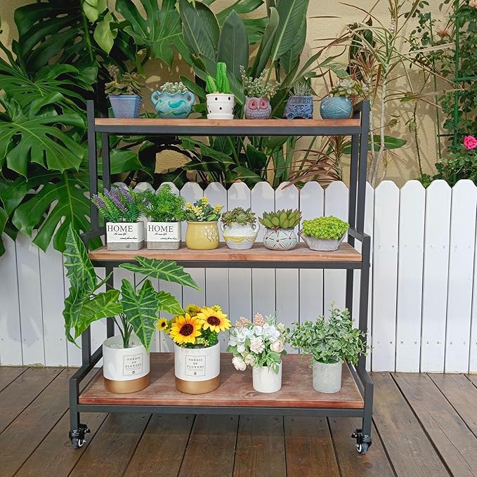 YCCO Rustic Plant Stand with Wheels 37“ H, Rolling Plant Shelves Rack Indoor Outdoor,Metal Plant Stand with Solid Wood for Multiple Plants,Industrial Ladder Plant Flower Shelf for Garden,Living Room,Brown