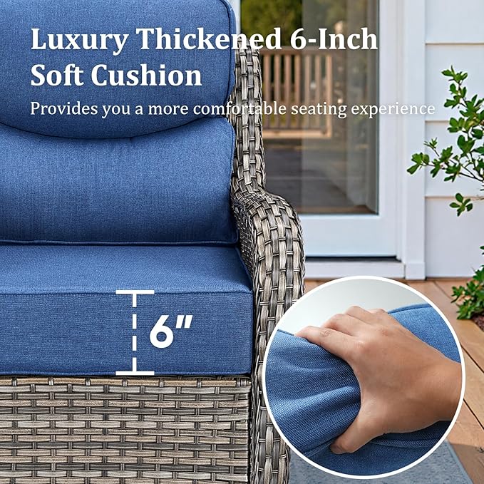 Luxury High Back Patio Furniture Set with Fire Pit Table and 6-Inch Thick Cushions, 5-Pieces Outdoor Furniture 4 Swivel Chairs, Wicker Conversation Set for Porch, Balcony, Deck and Yard, Grey/Blue