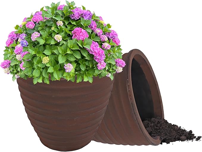 Sunnydaze Ribbed 16" Outdoor Plant Pot - Polyresin Double-Walled Planter for Indoor or Outdoor Use - Rust - Set of 2