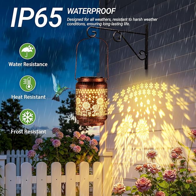 KOOPER Solar Lanterns Outdoor Waterproof Birthday Gifts for Women Mon Grandma, 2 Pack Upgraded Hummingbird Hanging Solar Lantern Lights Outdoor, Metal Outdoor Decoration for Yard, Porch (Sunflower)