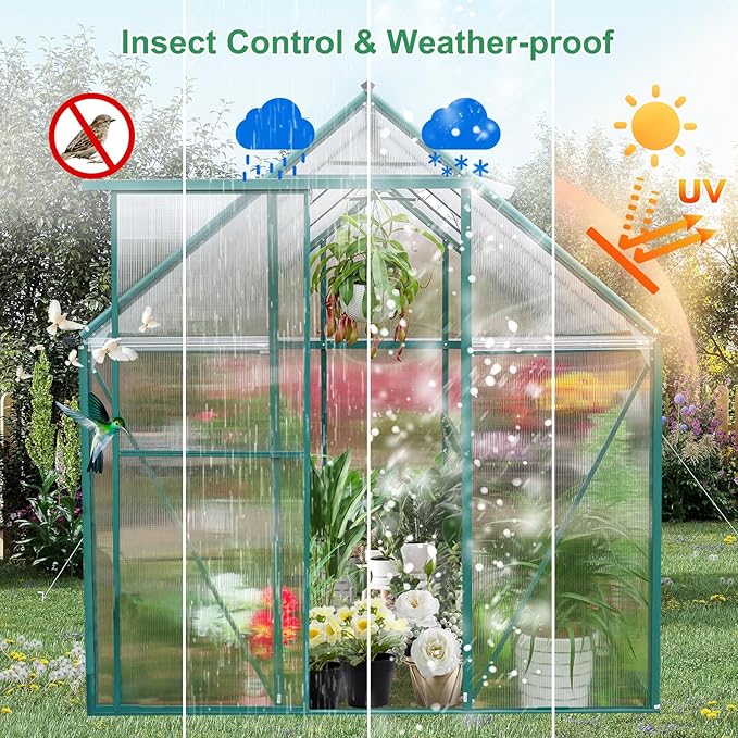 10x6 FT Polycarbonate Greenhouse for Outdoor, Heavy Duty Aluminum Frame Green House Kit with Double Vent Window Lockable Door, Transparent Panels, Walk in Plant Green Houses for Garden Patio