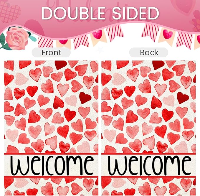 Valentines Love Hearts House Flags for Outdoor Decoration, Welcome Love Hearts Large Yard Flag, Decorative Anniversary Wedding Seasonal Farmhouse Holiday Outside Decor 28x40 Inch Vertical Double Sided