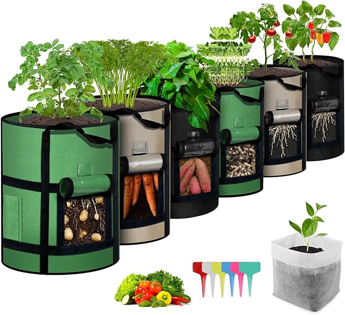 MEKOLIFE 10 Gallon Potato Grow Bags with Viewing Window, 300G Nonwoven Garden Planting Pots, Heavy-Duty Surround Handles for Gardening Supplies (6Pack Grow Bags)