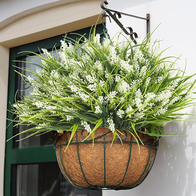 Grunyia 20 Bundles Artificial Plants Outdoor Fake Monkey Grass with Flowers (White)