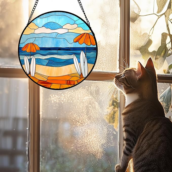 Stained Glass Window Hanging 4 Pcs Set Blue Ocean Surfing Beach 6.3" - Suncatcher Door Garden Sun Catcher Decor Birthday Mother's Day for Firefighte Men Woman Nana Mom
