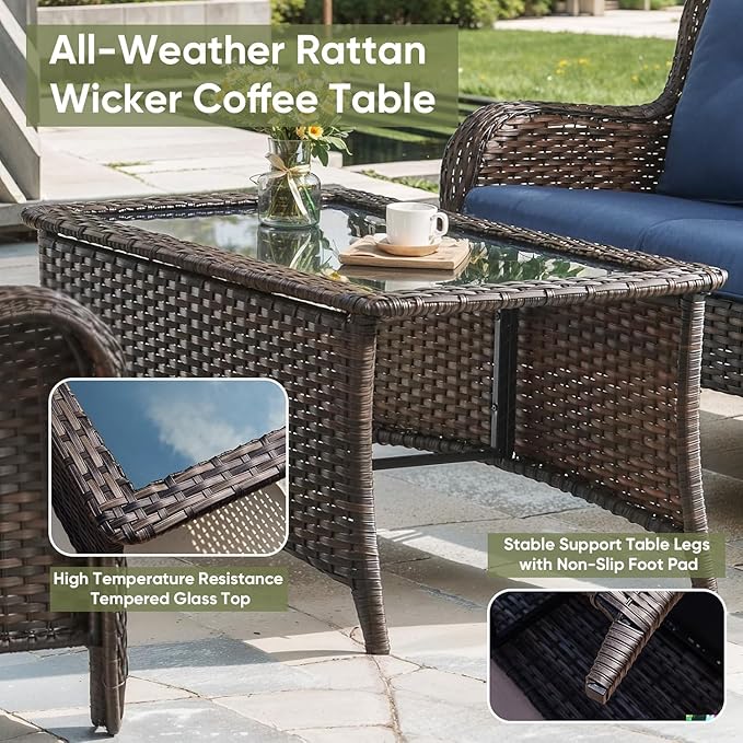 Wicker Outdoor Dialogue Set -6-Piece Outdoor Wicker High Back Sofa with Rotating Rocking Chair Terrace Furniture, Suitable for Deck, Pool, Backyard