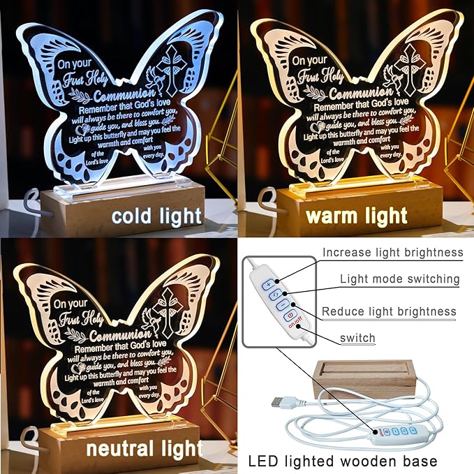 Ornalrist First Holy Communion Gifts for Girls, First Communion Baptism Gifts for Granddaughter Goddaughter, Boys, Teens, Crystal Butterfly Night Light Plaque with Warm Light Base