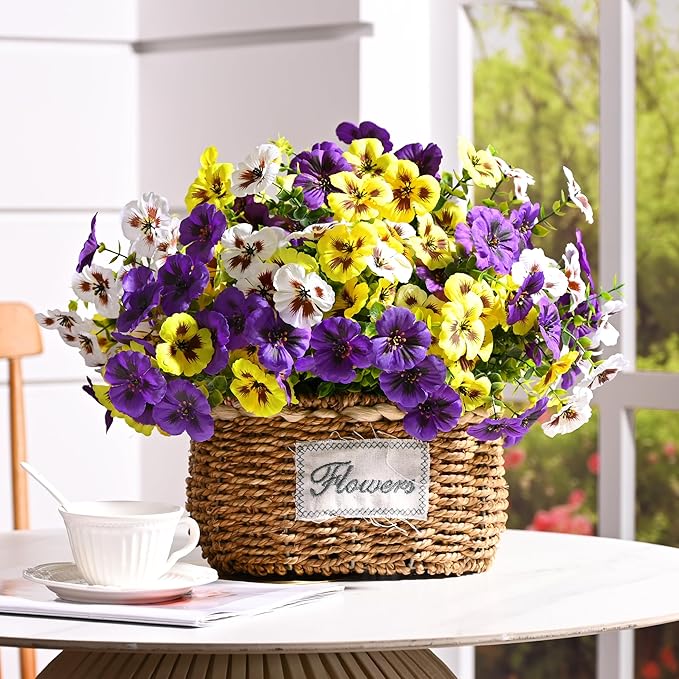 Waipfaru 20 Bundles Artificial Pansy Flowers for Outdoor, UV Resistant Faux Silk Flowers for Outdoor Planters Front Door Porch Yard Patio Window Box Home Decor (Purple, Yellow, White)