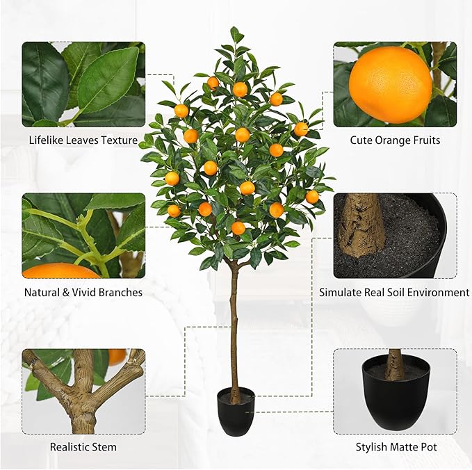 Artificial Orange Tree 5ft Fake Citrus Fruits Plant in Pot Large Fake Floor Plants Faux Trees Indoor Orange Decorations for Home Living Room Office