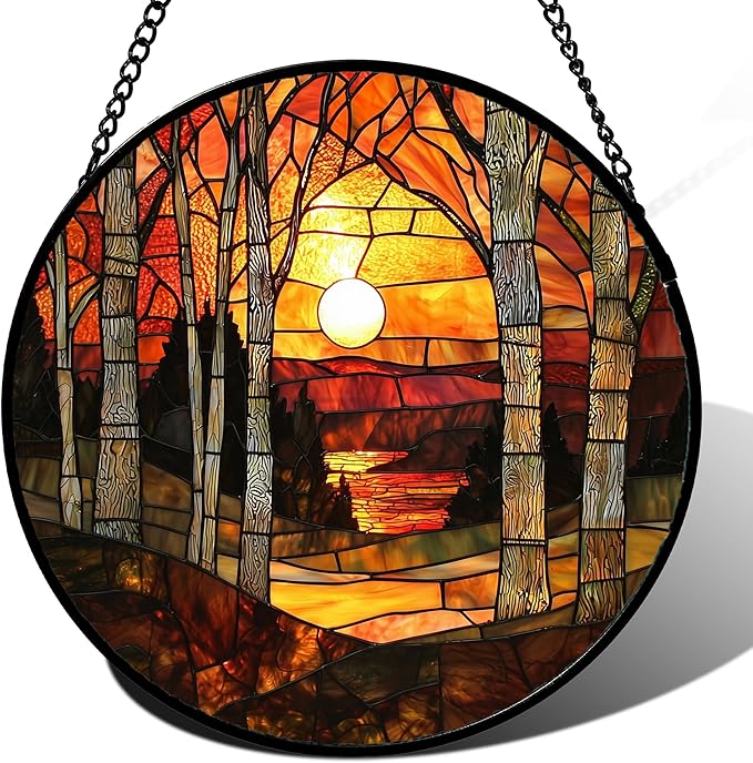 Stained Glass Window Hanging, Orange Red Landscape Forest Lake Moon Suncatcher for Doors Window Home Sun Catchers Decor Mother's Day Birthday Gifts for Women Men Mom 6.3 in