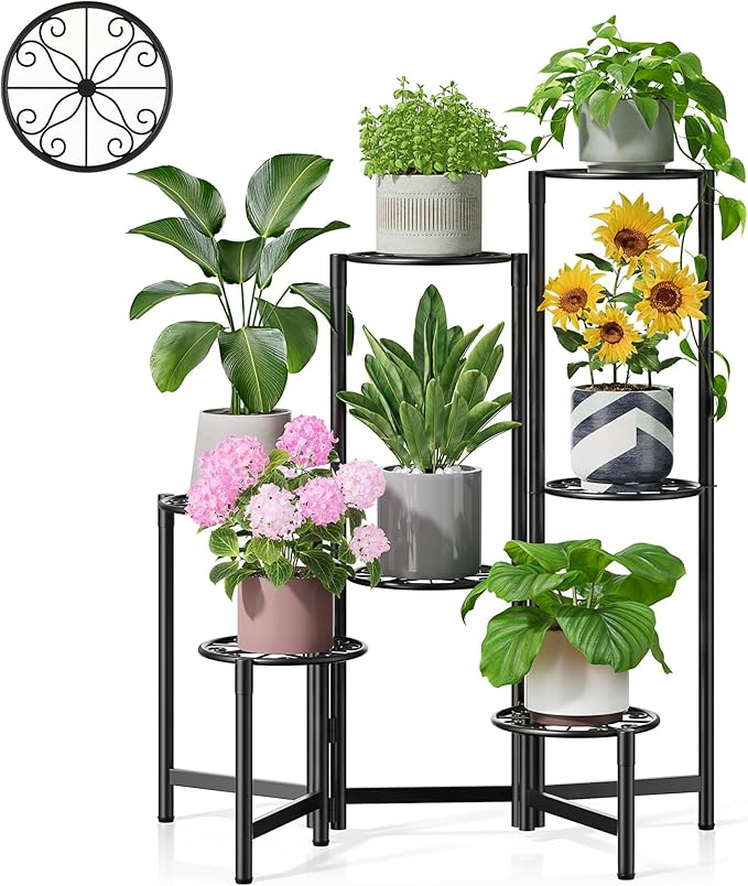 NQW Plant Stand Outdoor,7 Tier Foldable Corner Tall Plant Shelf for Multiple Plants Flower Pot Holder Display Stand for Living Room Balcony Garden Patio -BlackS