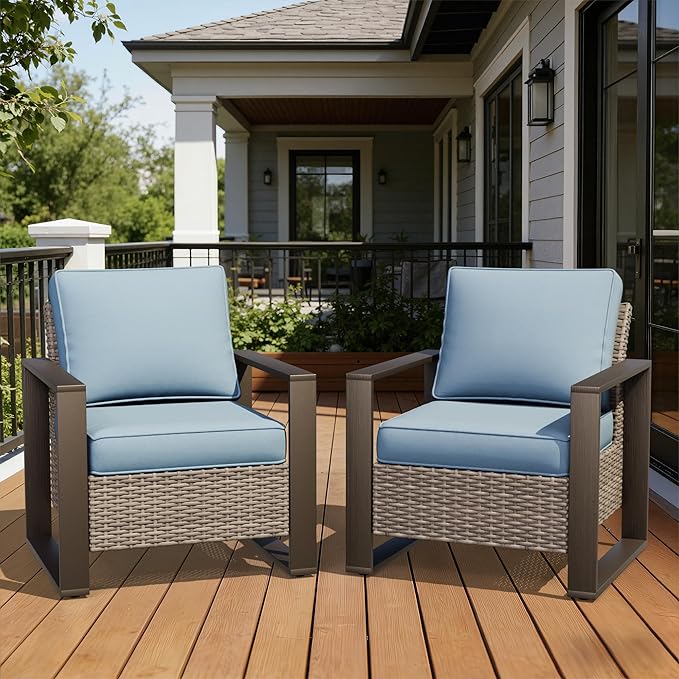 Joyside Outdoor Patio Chairs Set, 2 Pieces Wicker Rattan Chairs with Metal Wide Armrest, Thick Cushions and Deep Seating for Garden, Backyard, Porch, Deck
