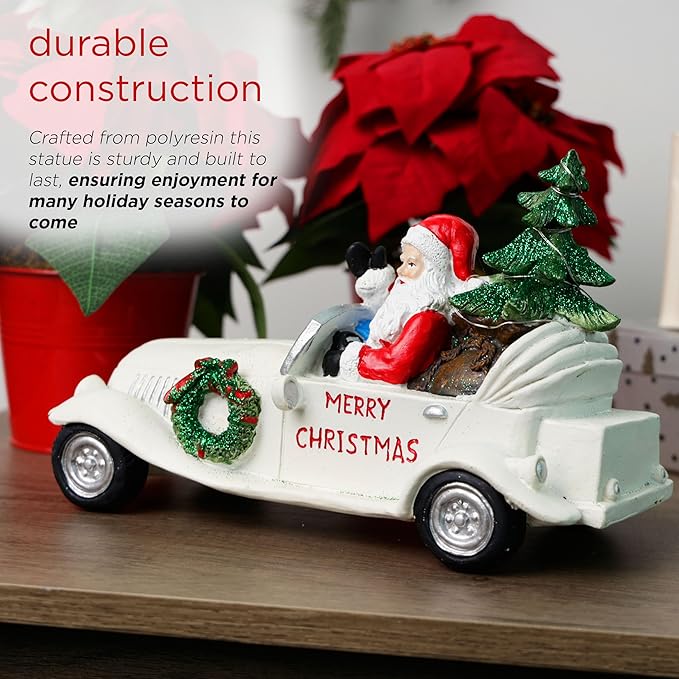 Alpine Corporation 7" Tall Merry Christmas Santa in Vintage White Car Statue with LED Lights, Holiday Decoration for Tabletop, Shelf, Mantel, or Entryway Display
