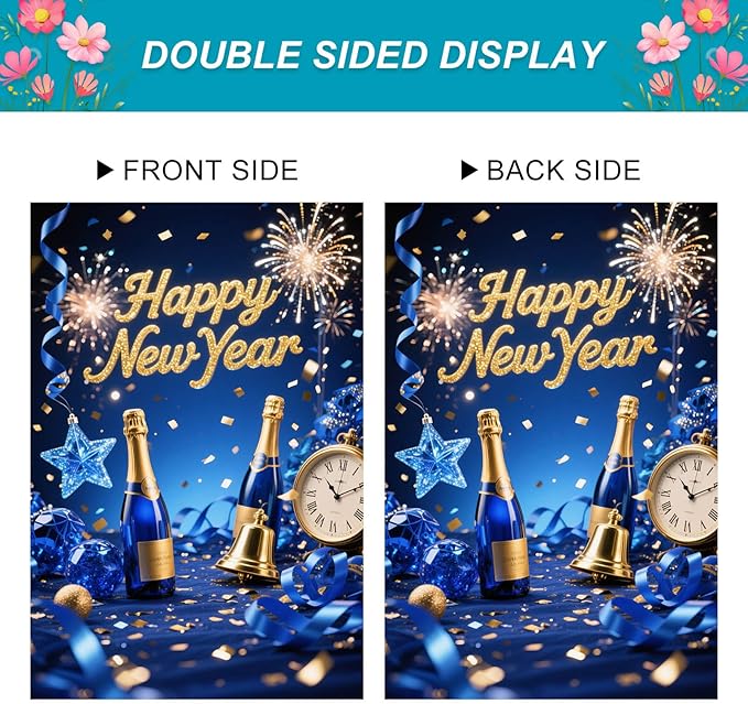 Happy New Year House Flag 28x40 Inch Double Sided Garden Flag Blue Champagne Clock and Fireworks Design Winter Holiday Yard Banner Large Outdoor Flag for Porch Lawn Home Decoration