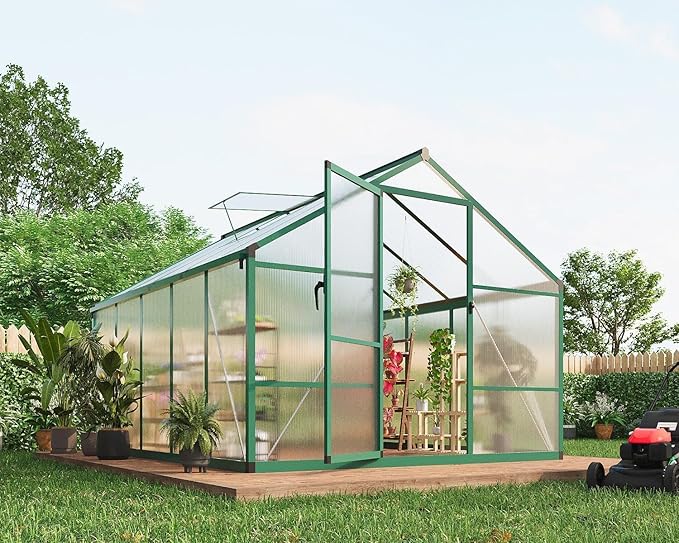 8X10 FT Greenhouse for Outdoors, Polycarbonate Flower Greenhouse with Roof Vent, Push-Pull Lockable Door, Aluminum Walk-in Greenhouses for Outside Garden Backyard, Patio, Lawn, Green