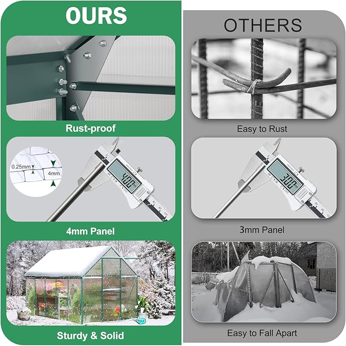 10x6 FT Polycarbonate Greenhouse for Outdoor, Heavy Duty Aluminum Frame Green House Kit with Double Vent Window Lockable Door, Transparent Panels, Walk in Plant Green Houses for Garden Patio