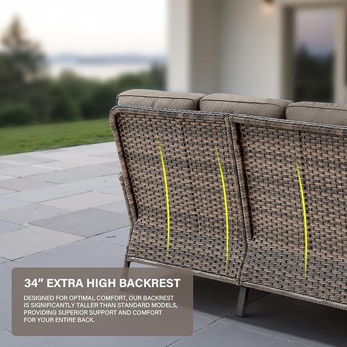 Belord 8 Pieces Patio Conversation Set with 43” Propane Fire Pit Table, Outdoor Sectional Furniture Sofa Set with Removable Gray Cushions for Patio Deck Backyard Brown