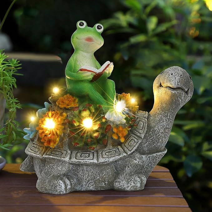 Solar Garden Outdoor Statues Turtle Back Frog Reading with Succulent and 6 LED Lights - Lawn Decor Tortoise Statue for Patio, Balcony, Yard Ornament - Unique Housewarming Gifts