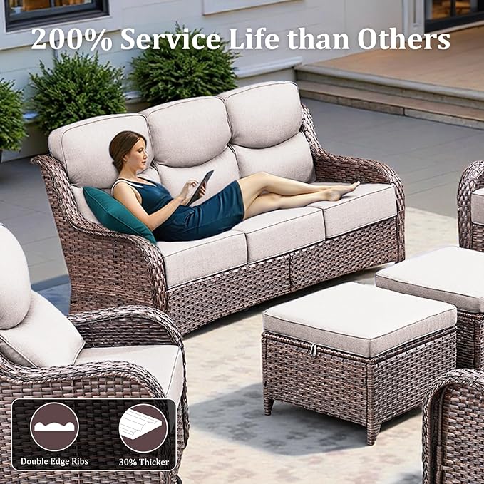 3 Pieces Patio Sofa Set with 6" Thick Cushions, High Back Wicker Sectional Outdoor Sofa with Ottomans, Outdoor Seating Furniture High Back Conversation Set for Balcony Deck Porch Backyard, Brown/Beige