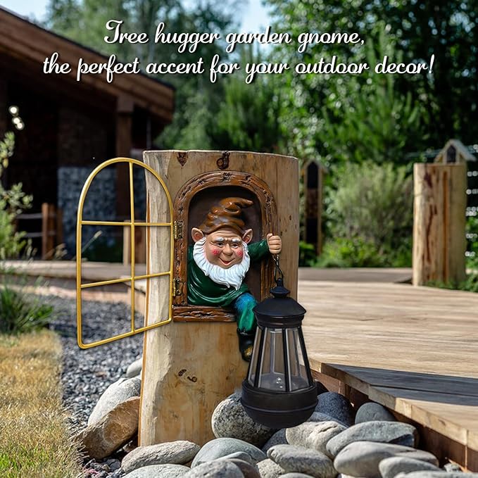 Garden Gnomes Statues with Solar Lantern Christmas Decorations, Outdoor Tree Hugger Gnome Decor Statue, Tree Face Figurines for Fence Wall Yard Home Birthday Gifts for Mum, Women