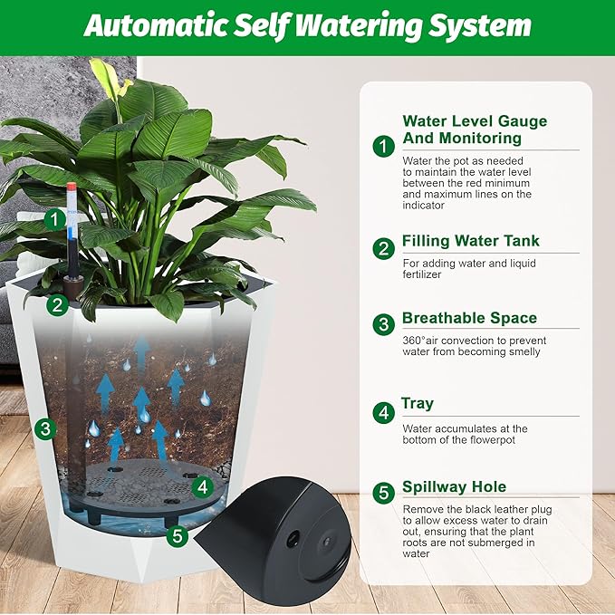 GarveeLife 16 in Tall Diamond Planters Set of 2, Self Watering Planters with Water Level Monitor, Flower Pots Outdoor and Indoor for Patio, Porch, Living Room, Home Office, White