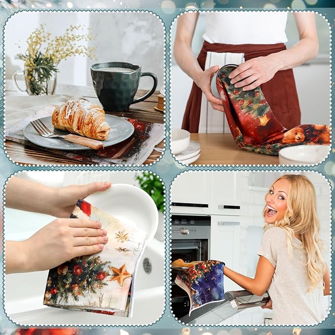 Bencailor 16 Pcs Christmas Kitchen Towels Xmas Holiday Hand Dish Towels Vintage Bear Tea Dishcloths for Christmas Holiday Kitchen Bathroom Home Decor Gifts, 16 x 24 Inch