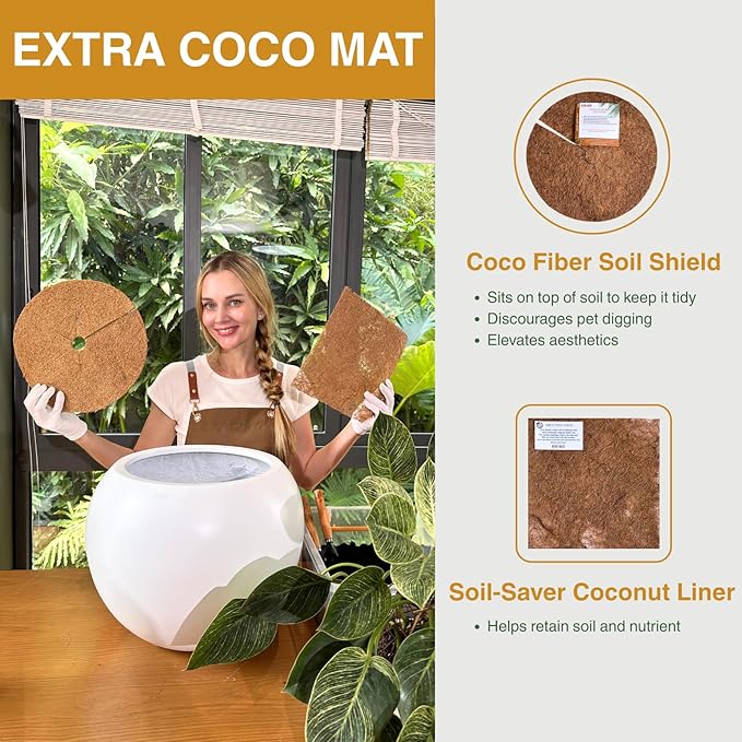 KUTE NEST 9.7" H x 12" D Globo Fiberstone Round Planter with Drainage Hole, Smooth Finishes, Weather Resistant for Indoor and Outdoor Use, Included 2 Extra Coco Mats (White, 7.8" Pot Opening)